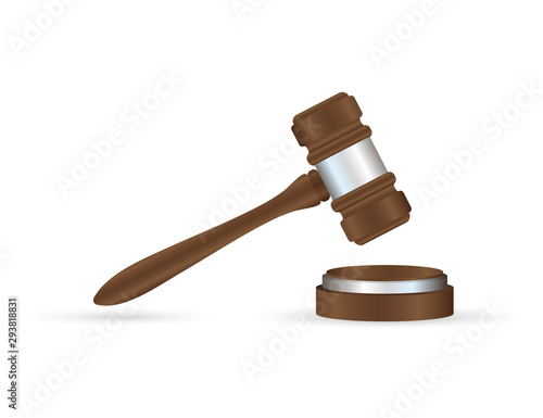 wooden judge gavel and soundboard isolated on white background.