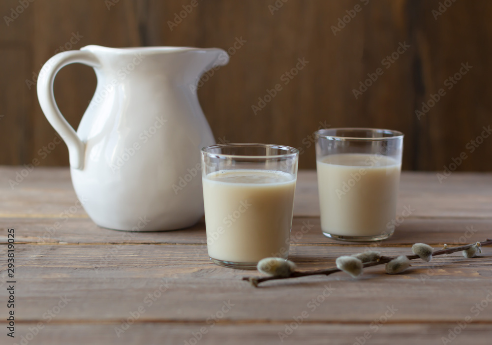 Oat milk in glasses. Alternative dairy-free vegan-friendly plant milk Oat milk in glasses. Alternative dairy-free vegan-friendly plant milk