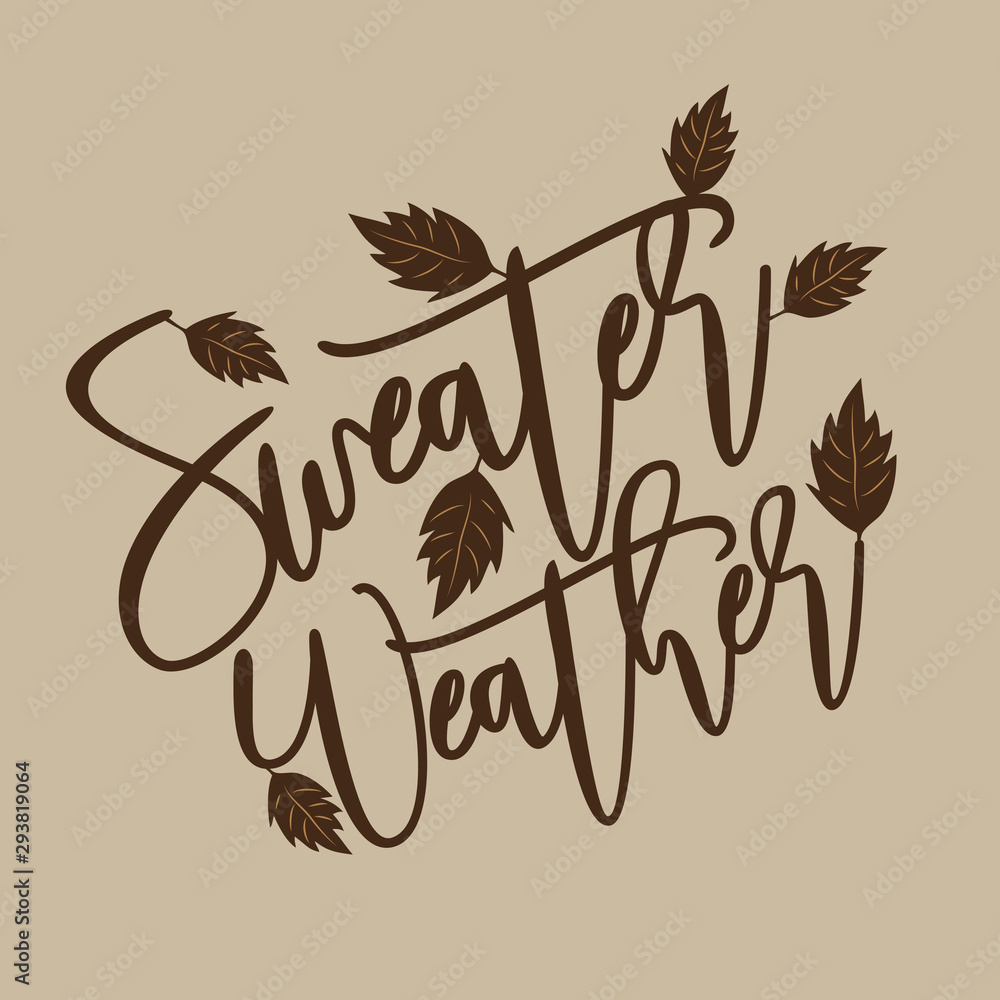 Sweater weather - autumnal thanksgiving handwritting text, with leaves. Good for greeting card and  t-shirt print, flyer, poster design, mug - obrazy, fototapety, plakaty 