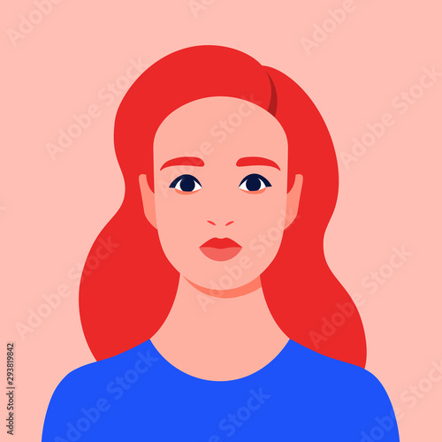 Portrait of a redhead woman. Avatar of a girl. Colorful portrait. Student of the university. Vector flat illustration