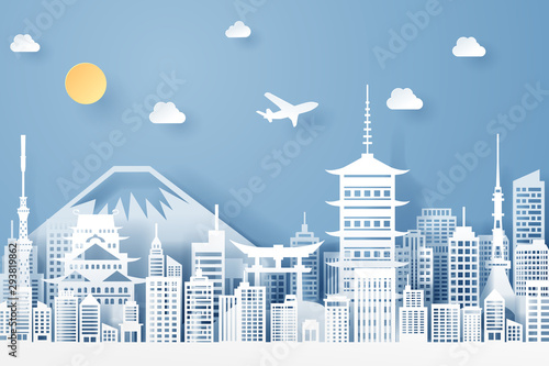 paper cut of Japan landmark, travel and tourism concept.