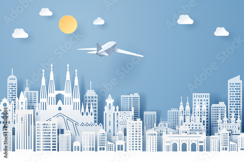 paper cut of spain landmark, travel and tourism concept