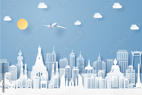 Paper cut of Thailand  landmark, travel and tourism concept