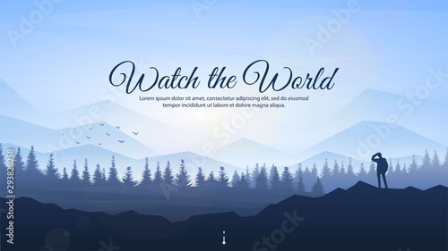Traveler with backpack standing looking at mountains. Concept of discovery, exploration, hiking, adventure tourism and travel. Realistic landscape with fog in forest. Wilderness explorer. Trekking