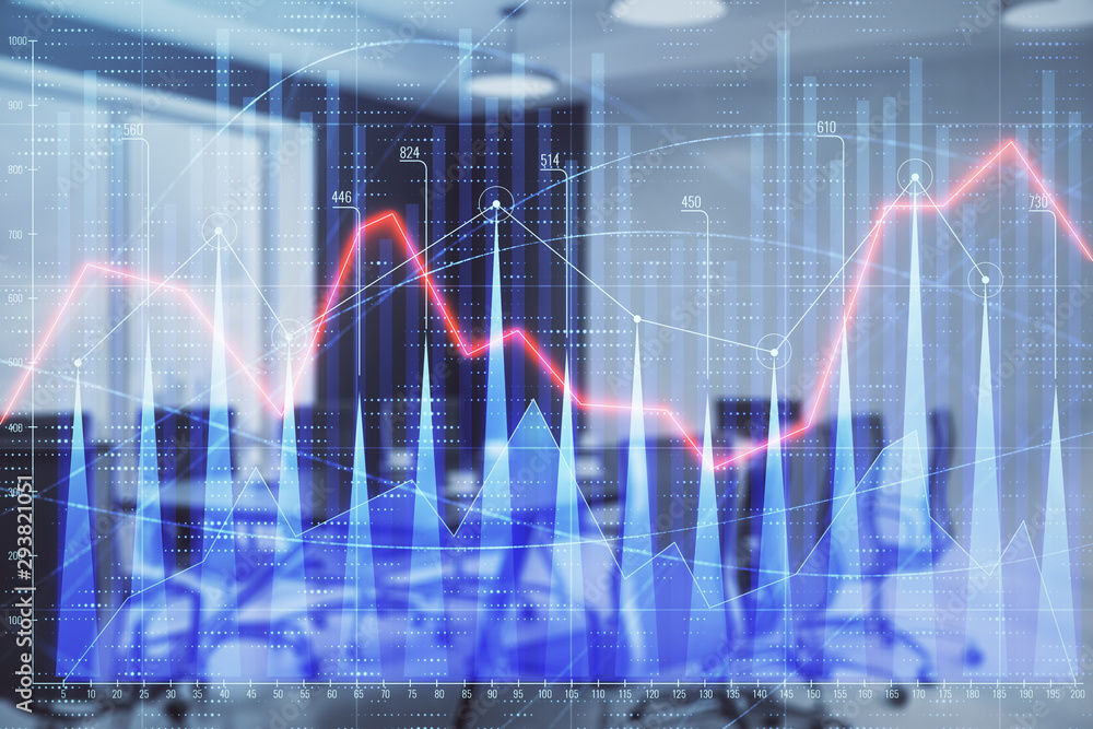 Double exposure of forex chart on conference room background. Concept of stock market analysis Double exposure of forex chart on conference room background. Concept of stock market analysis