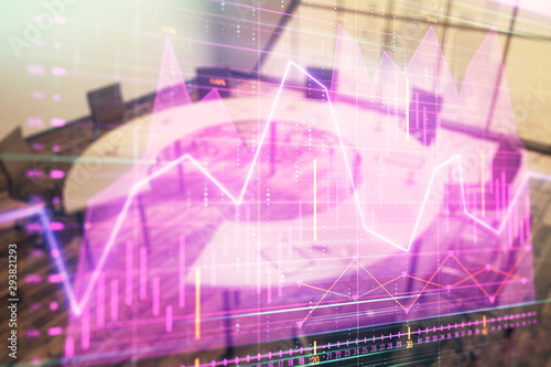 Multi exposure of stock market graph on conference room background. Concept of financial analysis