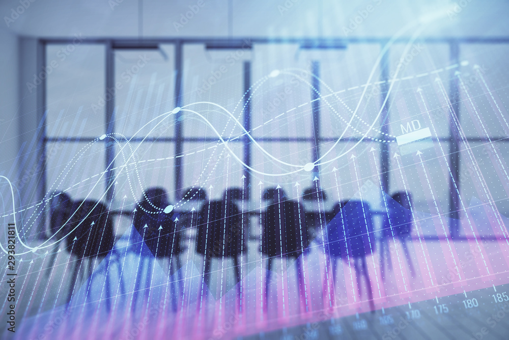 Multi exposure of stock market graph on conference room background. Concept of financial analysis Multi exposure of stock market graph on conference room background. Concept of financial analysis