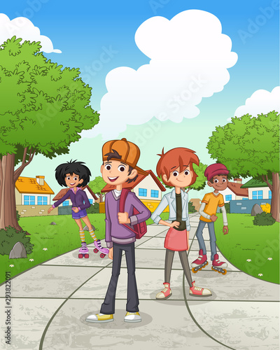 Cartoon teenagers in suburb neighborhood. Green park landscape with grass, trees, and houses.