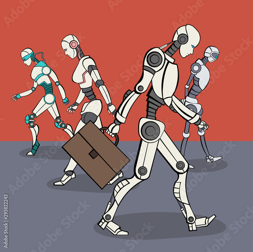 Group of modern robots walking. Cyborgs with artificial intelligence technology.