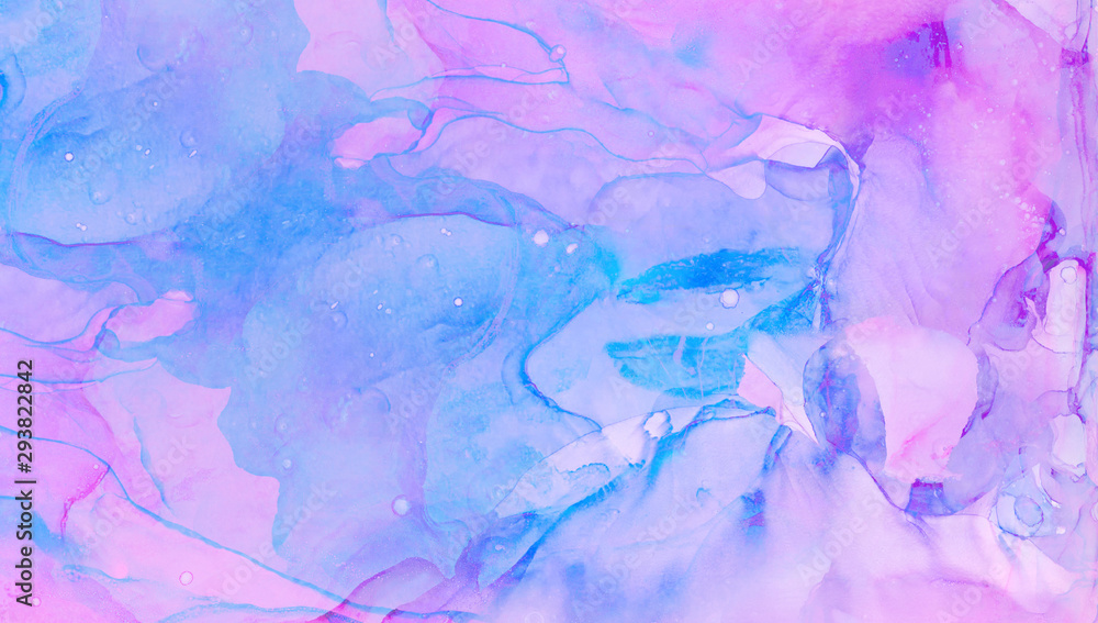 Trendy fantasy light blue, pink and purple alcohol ink abstract background. Bright liquid watercolor paint splash texture effect illustration for card design, banners, modern graphic design