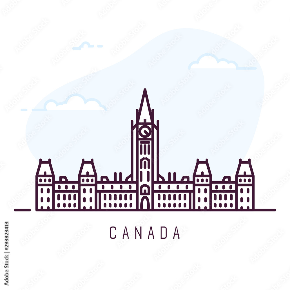 Canada city line style illustration. Famous Centre Block in Ottawa, Ontario. Architecture city symbol of Canada. Outline building. Sky clouds on background. Travel and tourism banner.