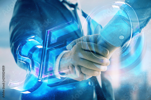 Wallpaper Mural Double exposure of SEO sign hologram on city view background with two people handshake. Concept of search optimization in business Torontodigital.ca