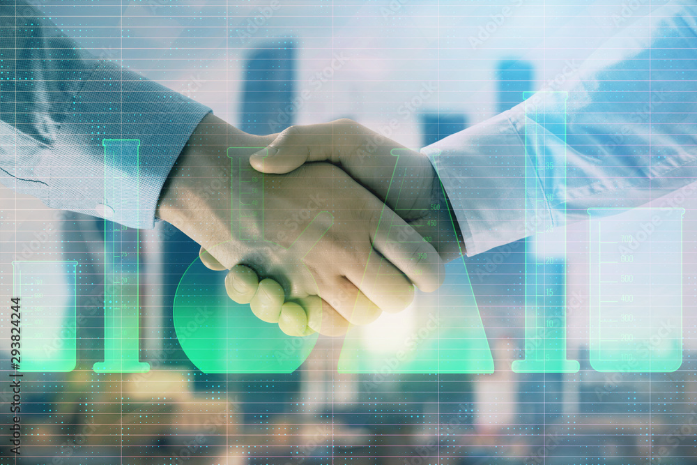 Double exposure of chemistry theme hologram on city view background with handshake. Concept of education Double exposure of chemistry theme hologram on city view background with handshake. Concept of education