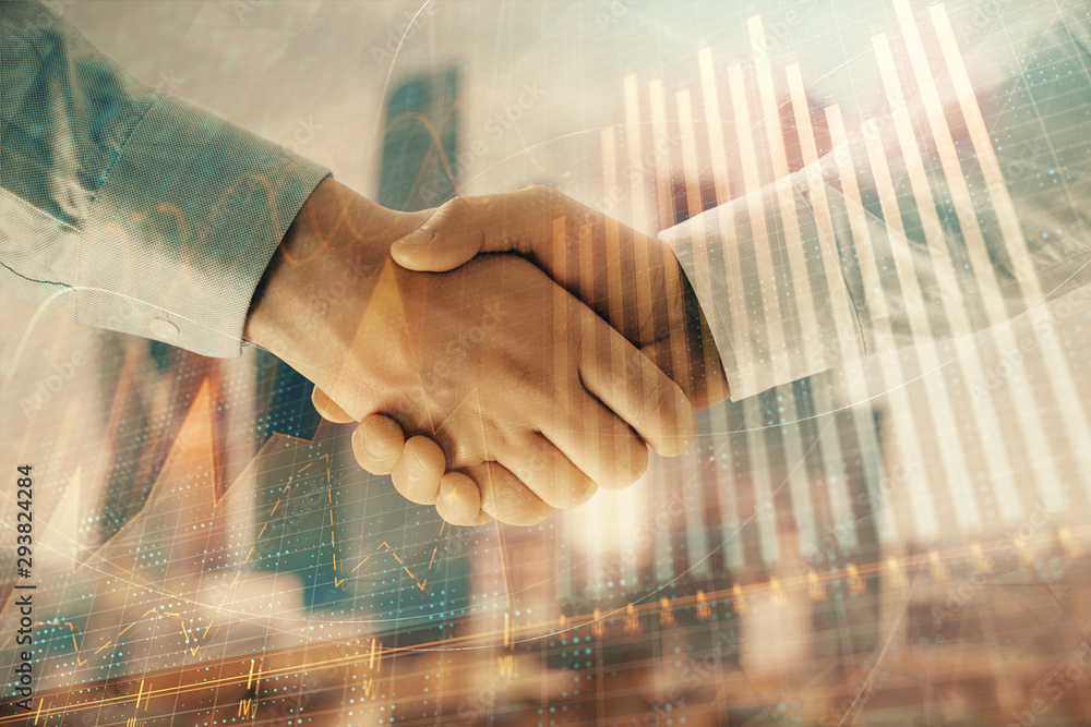 Double exposure of financial graph on cityscape background with two businessman handshake. Concept of stock market deal Double exposure of financial graph on cityscape background with two businessman handshake. Concept of stock market deal