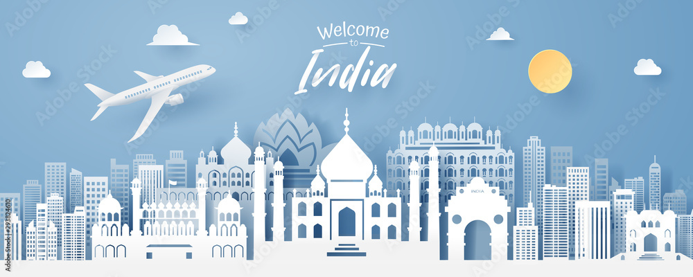 paper cut of india landmark, travel and tourism concept.