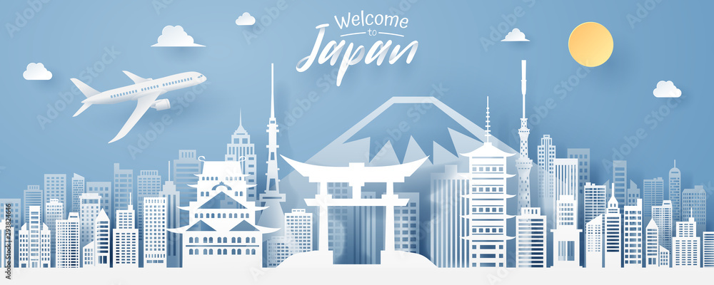 paper cut of Japan landmark, travel and tourism concept.