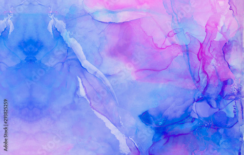 Trendy fantasy light blue, pink and purple alcohol ink abstract background. Bright liquid watercolor paint splash texture effect illustration for card design, banners, modern graphic design © KatMoy