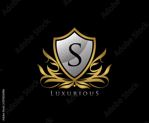 Letter S shield logo with gold color, vintage logo.