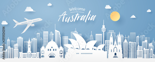 paper cut of Australia landmark, travel and tourism concept.
