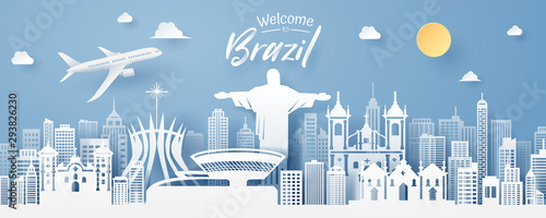 paper cut of Brazil landmark, travel and tourism concept. photo