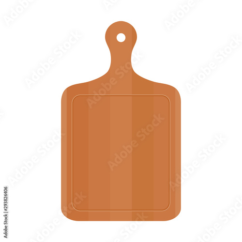 Wood cutting board on white background. Empty wooden kitchen board. Kitchen equipment, utensils, kitchenware. Cooking concept. Chopping board. Blank texture plank. Vector illustration, flat, clip art.