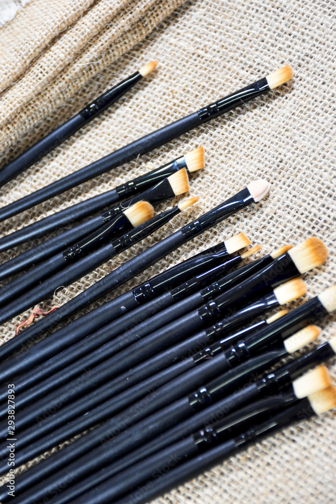 Several brush for makeup, put on sackcloth. Several brush for makeup, put on sackcloth.