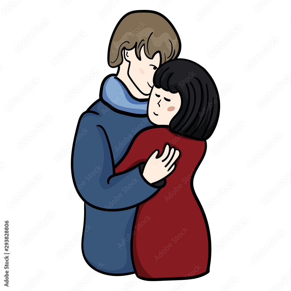 A hug of a man and a woman, a girl and a guy. Feeling of love. - Vector. Vector illustration