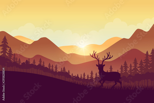 Forest landscape with deer in autumn season.