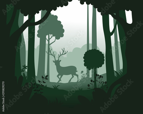 Vector landscape with deep forest plantation and deer.