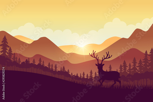 Vector landscape with autumn forest pine and deer. © Kannapat