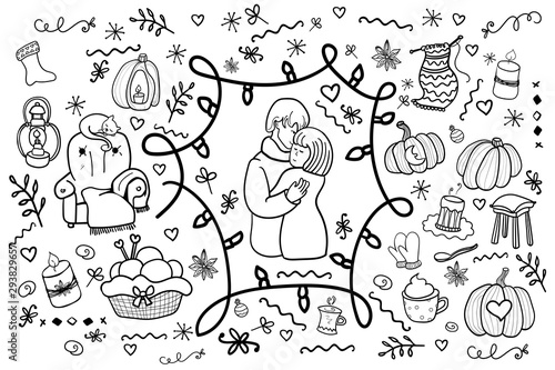 Fototapeta Naklejka Na Ścianę i Meble -  Couple in love. Gentle hugs. Attachment. Coloring page, Coloring book. Contour. Romance, comfort. Man and woman love each other. Cozy. Hygge - Vector. Vector illustration