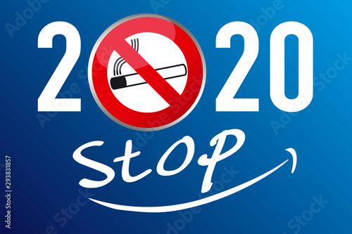 Carte de vœux 2020 sur le thème de la résolution d’arrêter de fumer, avec un panneau d’interdiction avec une cigarette, souligné par le mot Stop.