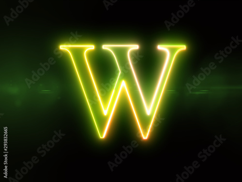 Letter W - green glowing outline alphabet symbol on green lens flare dark background