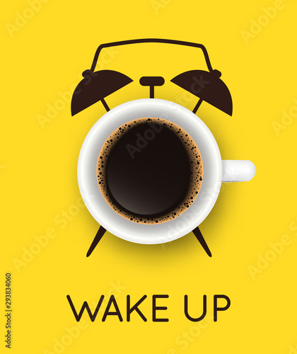 Vector illustration with realistic cup of coffee and hand drawn alarm clock on yellow background. Break time, good morning, drink menu design concept. Trendy banner or poster