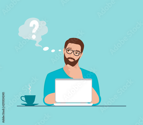 Vector of a thoughtful man working on laptop at workplace having some questions