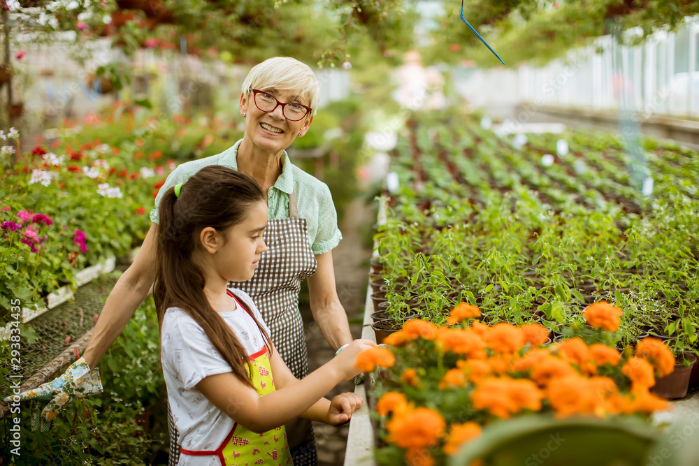 Grandmother and her grandchild enjoying in the garden with flowers Grandmother and her grandchild enjoying in the garden with flowers