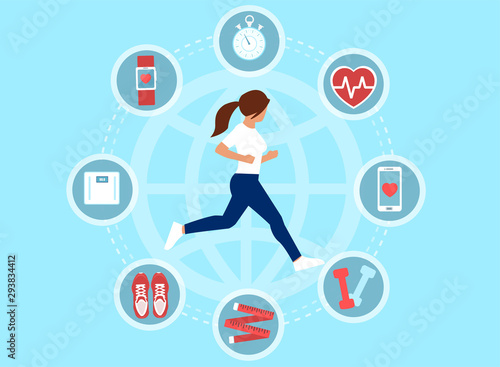 Vector of a fit woman exercising following diet guidelines using mobile app monitoring