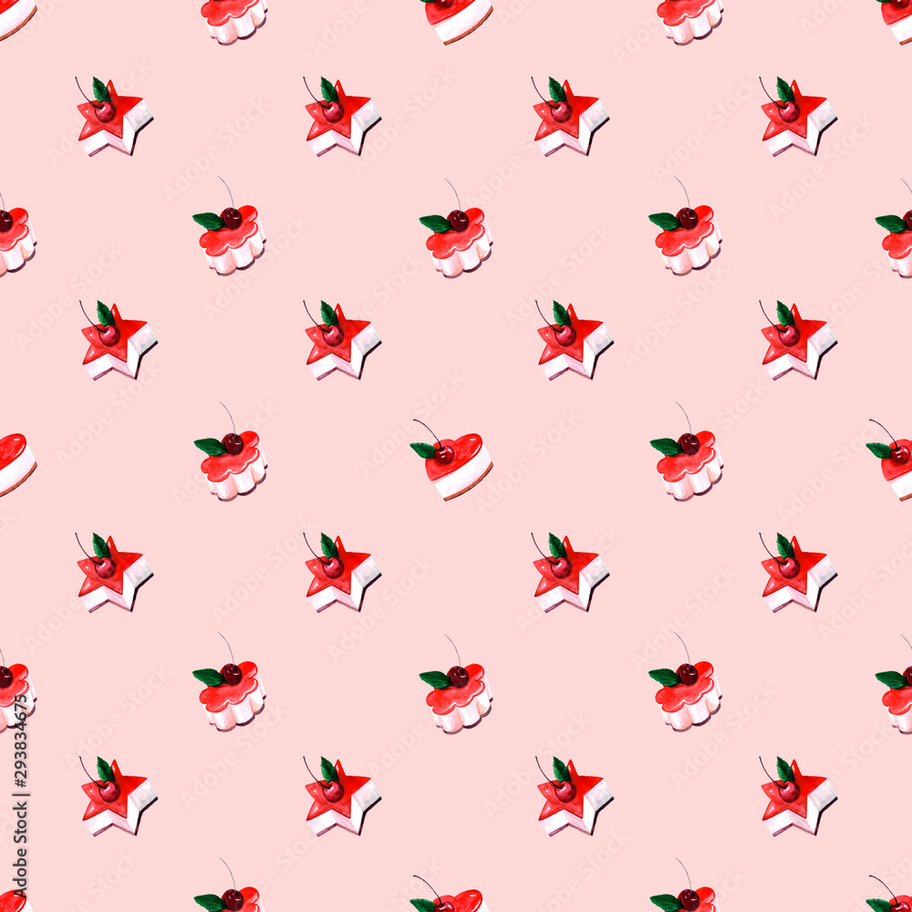 Fototapeta premium pattern, illustration, texture, wallpaper, background, watercolor, design, art, abstraction, drawing, isolated, cake, mousse, cream, cherry, berry, sweet, light, delicate dessert, red