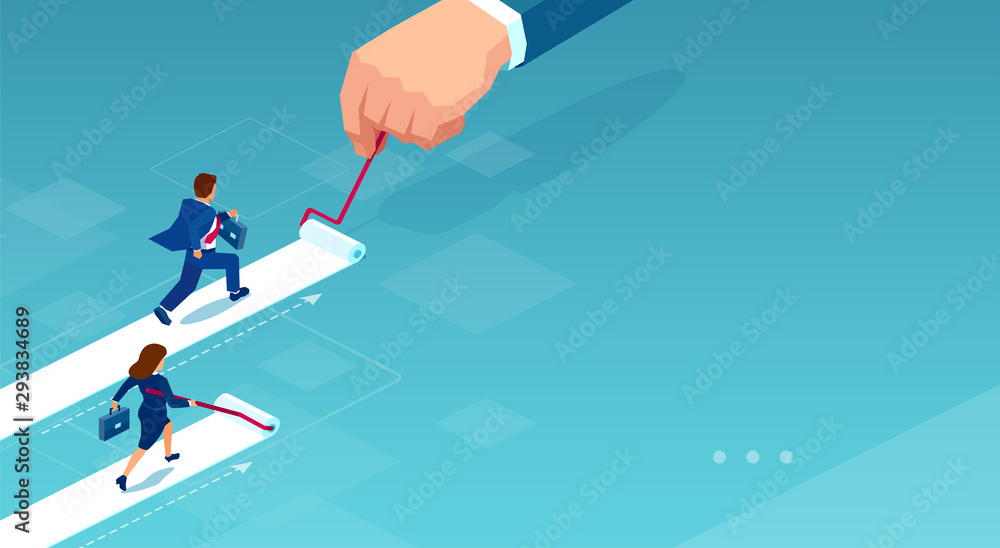 Vector of a business woman painting her own career path while businessman being supported by corporate culture . Vector of a business woman painting her own career path while businessman being supported by corporate culture .