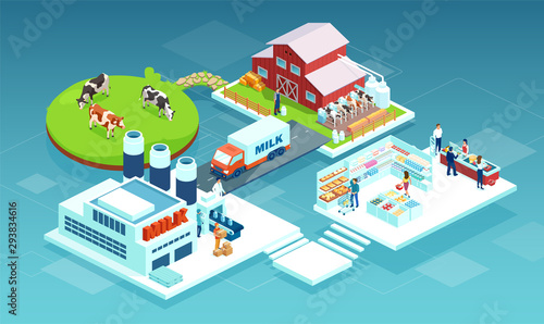 Vector of a milk produce production chain from a dairy farm through factory to consumer on a supermarket shelves
