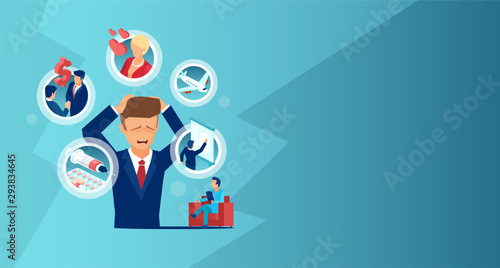 Vector of an overwhelmed anxious businessman with multiple phobias and social anxiety undergoing psychotherapy