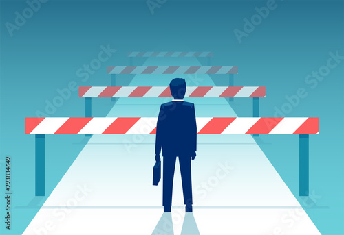 Vector of a challenged businessman standing in front of many obstacles