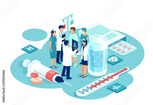 Vector of group of doctors of different subspecialties brainstorming patient diagnosis and treatment options