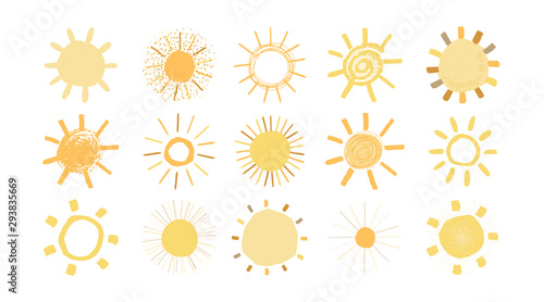 Set of yellow suns in hand drawn style isolated on white background. Cute funny simple illustration for kids. Sun icons. Vector.