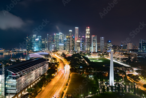 Panorama of Singapore business district skyline and skyscraper with War Memorial Park in night at Marina Bay  Singapore. Asia