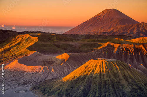 The beautiful sunrise at Mount Bromo volcano, the magnificent view of Mt. Bromo located in Bromo Tengger Semeru National Park, East Java, Indonesia