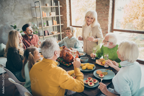 Portrait of nice cheerful big full family brother sister eating domestic brunch lunch feast generation gathering tradiotion grandma saying toast in modern loft industrial style interior house