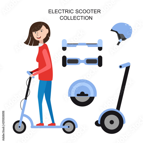 Girl on an electric scooters in a flat style. Set of electric personal transportation: scooter, unicycle, hoverboard, segway. Vector illustration.