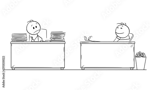 Vector cartoon stick figure drawing conceptual illustration of hard working office worker or businessman looking at lazy or fast colleague with legs on desk.