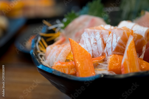 Sashimi or sliced salmon and sliced seafood